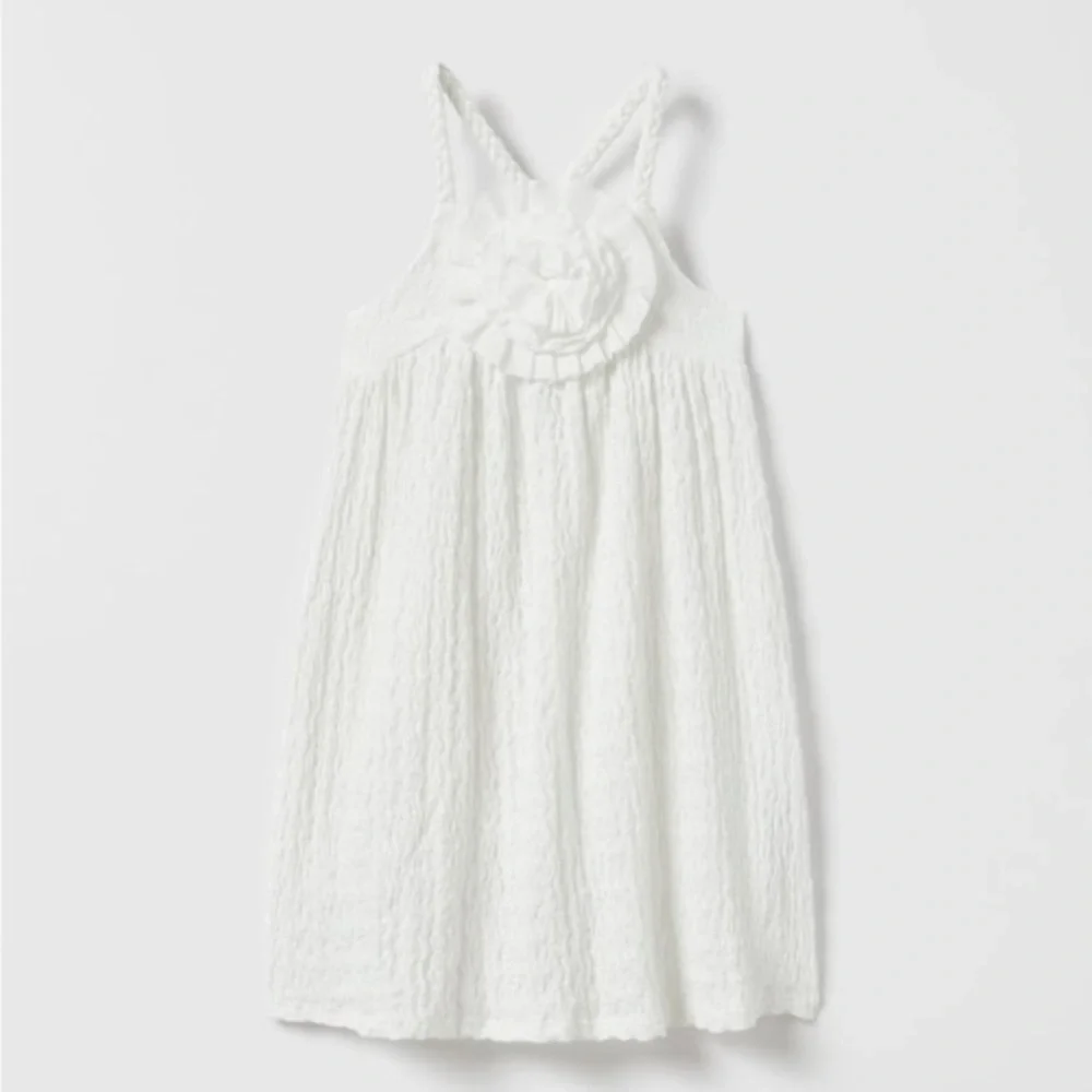 Zara Kids Girl Textured Floral Appliqué Dress - White - Picture 8 of 9